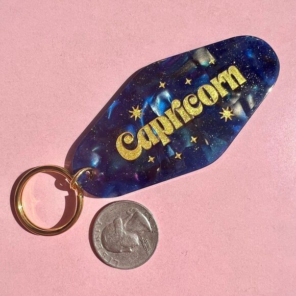 Engraved Capricorn Horoscope Celestial Astrology Glitter Resin Keychain - Picture 3 of 5
